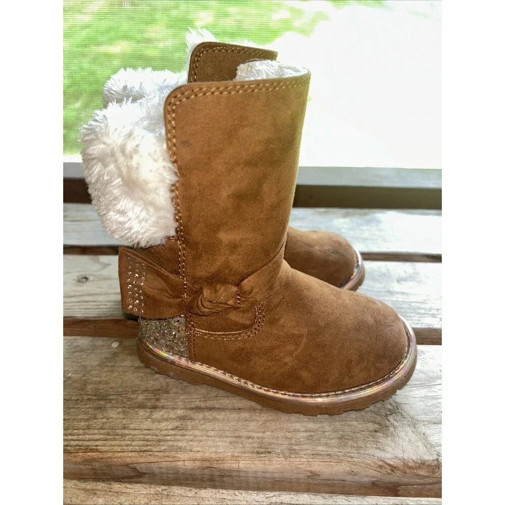 Megellan Toddler Brown Faux Suede and Fur Boots Sparkle Size 8